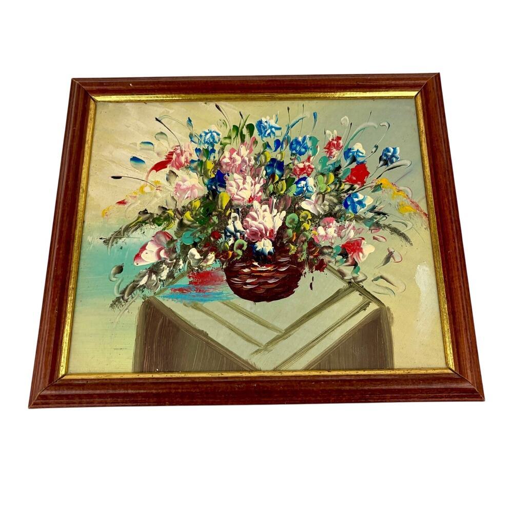 VTG Framed Oil Painting Floral Still Life Basket‎ of Flowers Bold Textured MCM
